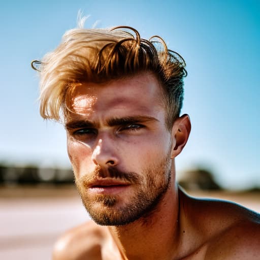 portrait+ style Russian queer supermodel blonde hunk dilf dude face