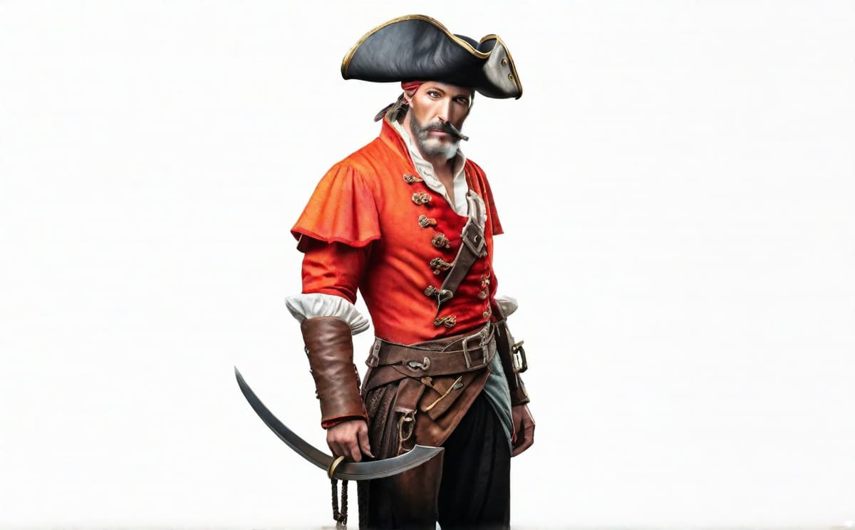  pirate hyperrealistic, full body, detailed clothing, highly detailed, cinematic lighting, stunningly beautiful, intricate, sharp focus, f/1. 8, 85mm, (centered image composition), (professionally color graded), ((bright soft diffused light)), volumetric fog, trending on instagram, trending on tumblr, HDR 4K, 8K