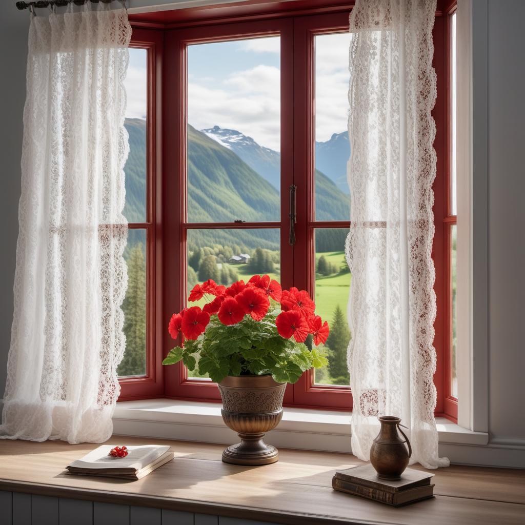  Create an image of a beautiful home in the Norwegian countryside. The home should have windows with beautiful red geraniums potted on the outside window sill and white lace curtains on the inside. hyperrealistic, full body, detailed clothing, highly detailed, cinematic lighting, stunningly beautiful, intricate, sharp focus, f/1. 8, 85mm, (centered image composition), (professionally color graded), ((bright soft diffused light)), volumetric fog, trending on instagram, trending on tumblr, HDR 4K, 8K