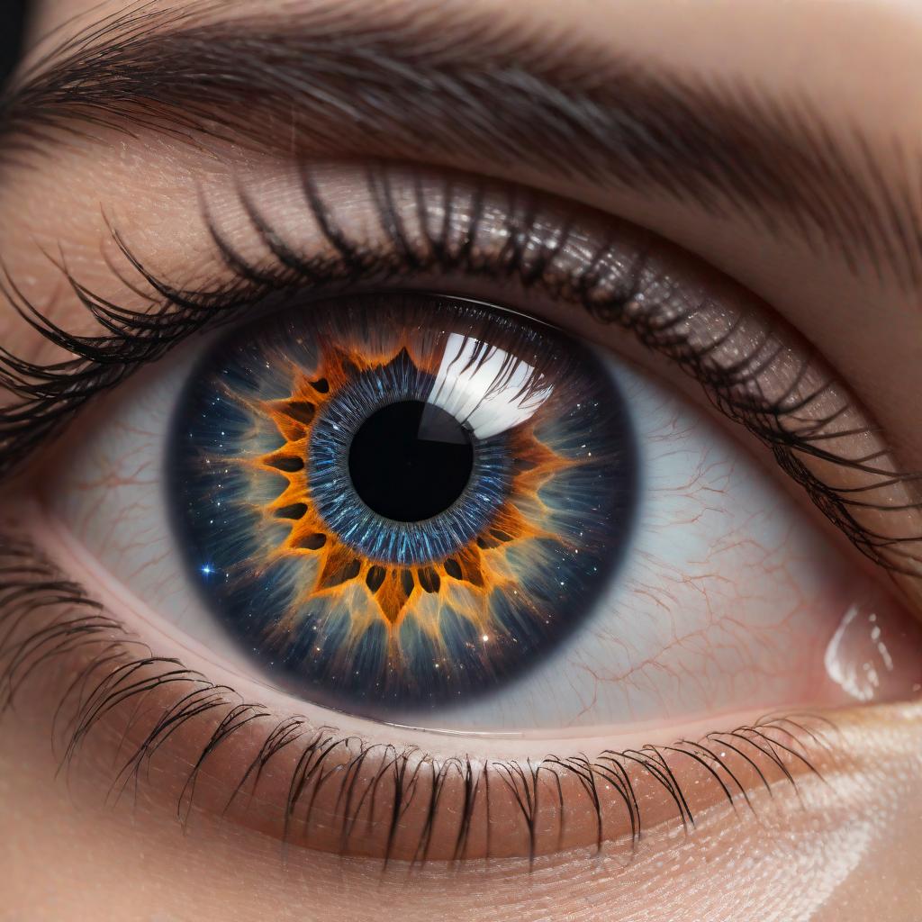  A realistic close-up of a human eye with a reflection of the universe in the iris. The iris mirrors stars, galaxies, and cosmic phenomena in a mesmerizing and detailed manner. It should capture intricate details and be aesthetically pleasing. hyperrealistic, full body, detailed clothing, highly detailed, cinematic lighting, stunningly beautiful, intricate, sharp focus, f/1. 8, 85mm, (centered image composition), (professionally color graded), ((bright soft diffused light)), volumetric fog, trending on instagram, trending on tumblr, HDR 4K, 8K