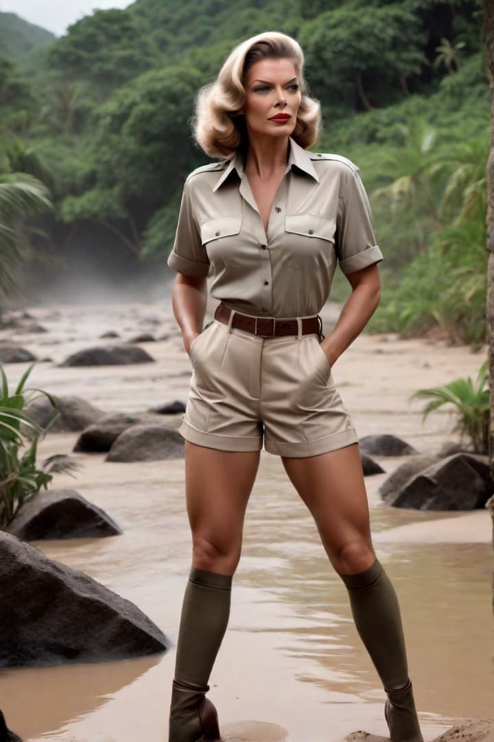  1940s era female explorer ,Lauren Bacall, wearing khaki shorts and short sleeve khaki shirt with khaki knee socks , sinking h the jungle mud hole up to her chest hyperrealistic, full body, detailed clothing, highly detailed, cinematic lighting, stunningly beautiful, intricate, sharp focus, f/1. 8, 85mm, (centered image composition), (professionally color graded), ((bright soft diffused light)), volumetric fog, trending on instagram, trending on tumblr, HDR 4K, 8K