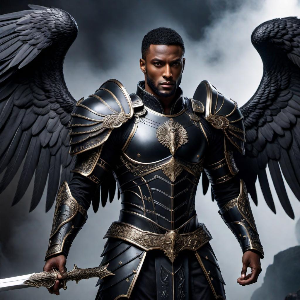  A powerful black archangel with large black wings, wearing full armor, holding a long double-edged sword. The archangel's armor is intricately designed and dark, adding to his imposing presence. The scene is set in a mystical, dark environment that emphasizes the archangel's authoritative and mysterious aura. hyperrealistic, full body, detailed clothing, highly detailed, cinematic lighting, stunningly beautiful, intricate, sharp focus, f/1. 8, 85mm, (centered image composition), (professionally color graded), ((bright soft diffused light)), volumetric fog, trending on instagram, trending on tumblr, HDR 4K, 8K