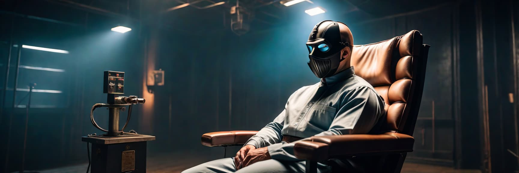  cinematic photo Guy, thin, in a mask, in the electric chair, suffering, portrait . 35mm photograph, film, bokeh, professional, 4k, highly detailed hyperrealistic, full body, detailed clothing, highly detailed, cinematic lighting, stunningly beautiful, intricate, sharp focus, f/1. 8, 85mm, (centered image composition), (professionally color graded), ((bright soft diffused light)), volumetric fog, trending on instagram, trending on tumblr, HDR 4K, 8K