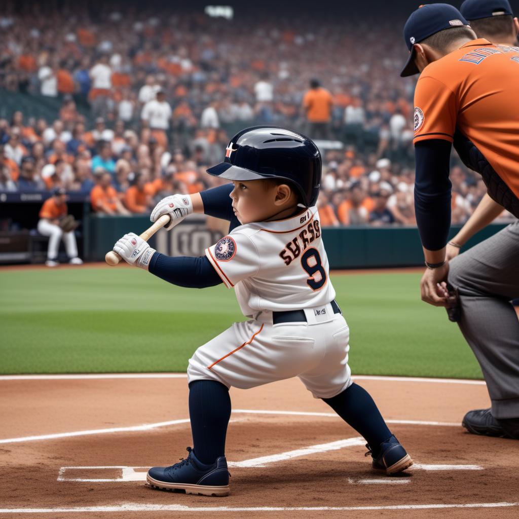  A 4-year-old boy in a Houston Astros uniform, viewed from the back, swinging a bat in the batter's box during a World Series game. The boy has the name 'Sebastian' on the back of his jersey and the number 7. The stadium is filled with cheering fans, and the field is pristine. The boy's bat is in mid-swing, connecting with the baseball. The atmosphere is electric, with bright stadium lights and a clear evening sky. hyperrealistic, full body, detailed clothing, highly detailed, cinematic lighting, stunningly beautiful, intricate, sharp focus, f/1. 8, 85mm, (centered image composition), (professionally color graded), ((bright soft diffused light)), volumetric fog, trending on instagram, trending on tumblr, HDR 4K, 8K