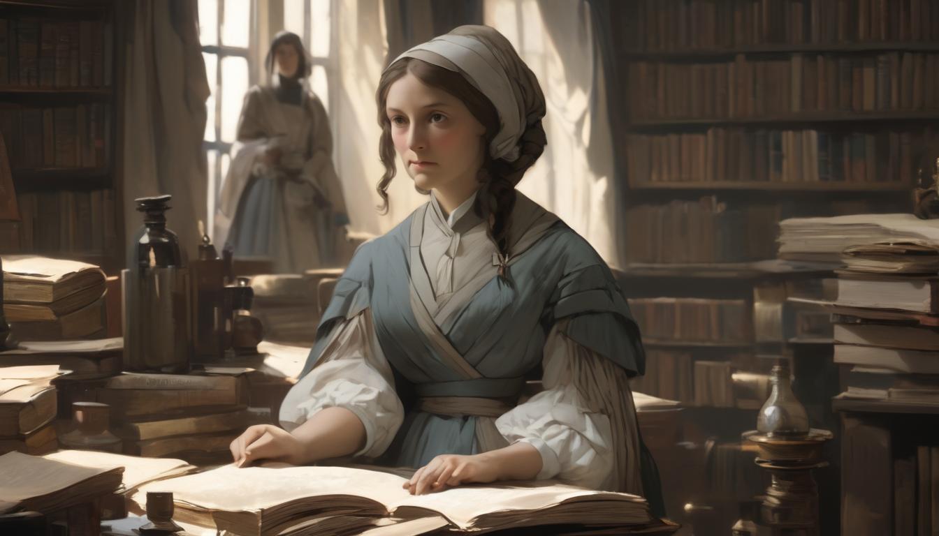  hyperrealism,fantasy aestheticyoung Florence Nightingale, surrounded by books and medical supplies, determined expression, early 19th century attire, light streaming through a window, sense of calling, ambition, high tech clothing clad in sleek, futuristic costume with metallic accents and form fitting designs, marvel superhero comics style, unreal engine rendering