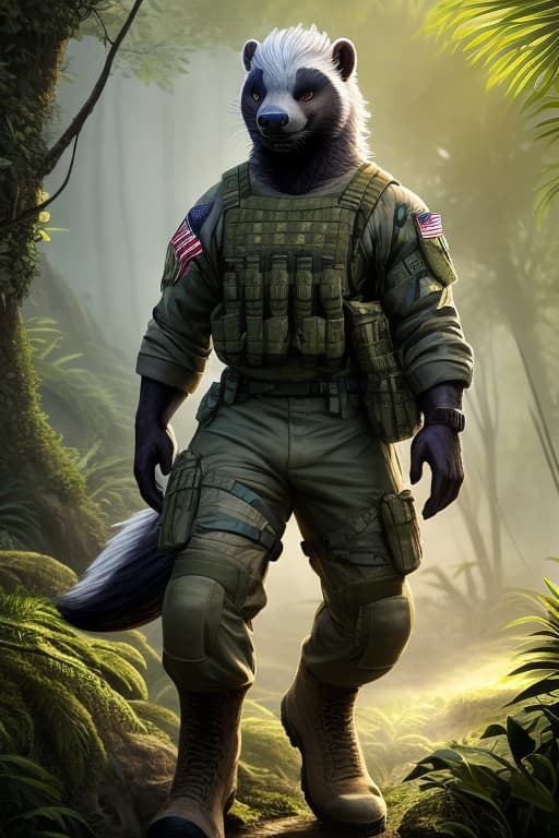  A male military honey badger strides through the dense jungle, its powerful frame navigating the thick undergrowth with ease. Dressed in rugged military gear, the honey badger's shoulder proudly displays an American flag patch, a symbol of its bravery and allegiance. The foliage parts before him as he advances, every step embodying determination and strength in the heart of the wild. hyperrealistic, full body, detailed clothing, highly detailed, cinematic lighting, stunningly beautiful, intricate, sharp focus, f/1. 8, 85mm, (centered image composition), (professionally color graded), ((bright soft diffused light)), volumetric fog, trending on instagram, trending on tumblr, HDR 4K, 8K
