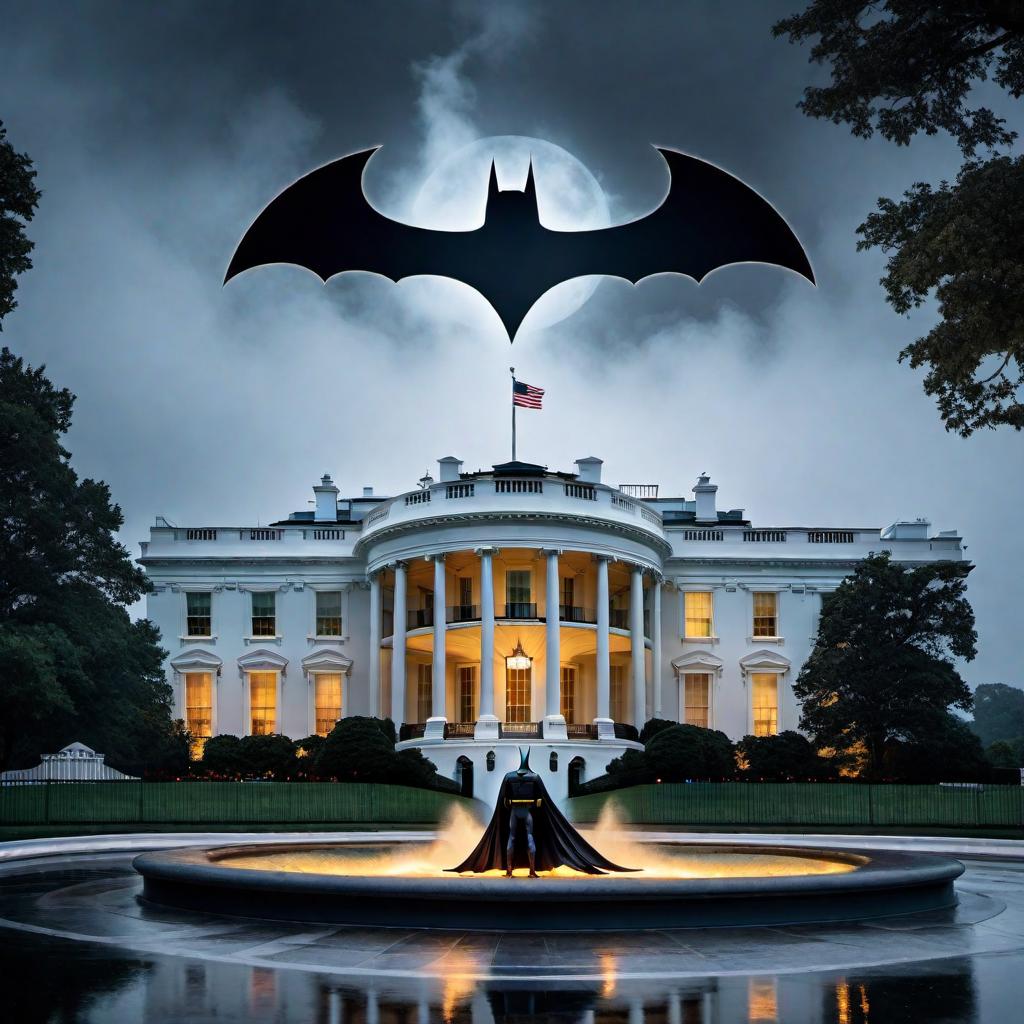  a night scene showing the Batman signal shining over the White House with the words 'GEN X' inside the signal hyperrealistic, full body, detailed clothing, highly detailed, cinematic lighting, stunningly beautiful, intricate, sharp focus, f/1. 8, 85mm, (centered image composition), (professionally color graded), ((bright soft diffused light)), volumetric fog, trending on instagram, trending on tumblr, HDR 4K, 8K