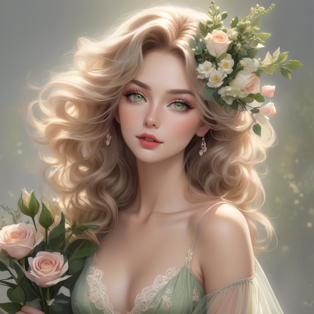  concept art A digital portrait of a woman with green eyes, wavy hair, and flowers adorning her hair and holding a bouquet of roses. Full body portrait of a young woman with a serene and gentle expression. She has soft facial features, large, almond shaped green eyes with dark lashes, and full, natural red lips. Her skin is fair with a warm undertone, and her face is framed by voluminous, wavy, ash blonde hair with lighter highlights, loosely styled, with a few delicate flowers on the right side above her ear. The subject is wearing a light, earth toned summer dress with delicate straps and a plunging neckline. The dress appears to be made of a flowing, sheer material with a subtle floral pattern, and features delicate lace detailing around  hyperrealistic, full body, detailed clothing, highly detailed, cinematic lighting, stunningly beautiful, intricate, sharp focus, f/1. 8, 85mm, (centered image composition), (professionally color graded), ((bright soft diffused light)), volumetric fog, trending on instagram, trending on tumblr, HDR 4K, 8K