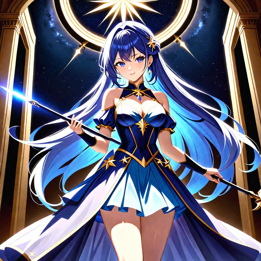  A magical girl with a celestial theme, wielding a staff that appears to be made from fragments of the Milky Way. She has long, flowing hair like stardust, and her eyes shimmer like the cosmos. Her outfit is adorned with constellations and stars, glowing softly in ethereal light. She exudes a powerful, almost otherworldly aura, and her presence feels both majestic and fragile at the same time., Rarity SS, 8K