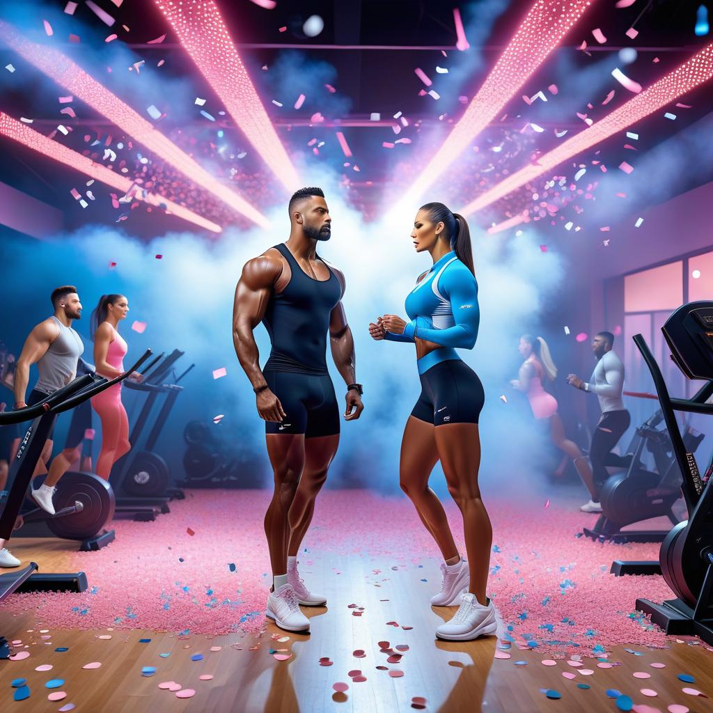  The gym is decorated in the style of a pop festival. Sportsman. There are lights, sparks, smoke and sparkles everywhere. pink, blue, white. disco atmosphere, confetti flying from the ceiling, people, beautiful light, training equipment hyperrealistic, full body, detailed clothing, highly detailed, cinematic lighting, stunningly beautiful, intricate, sharp focus, f/1. 8, 85mm, (centered image composition), (professionally color graded), ((bright soft diffused light)), volumetric fog, trending on instagram, trending on tumblr, HDR 4K, 8K