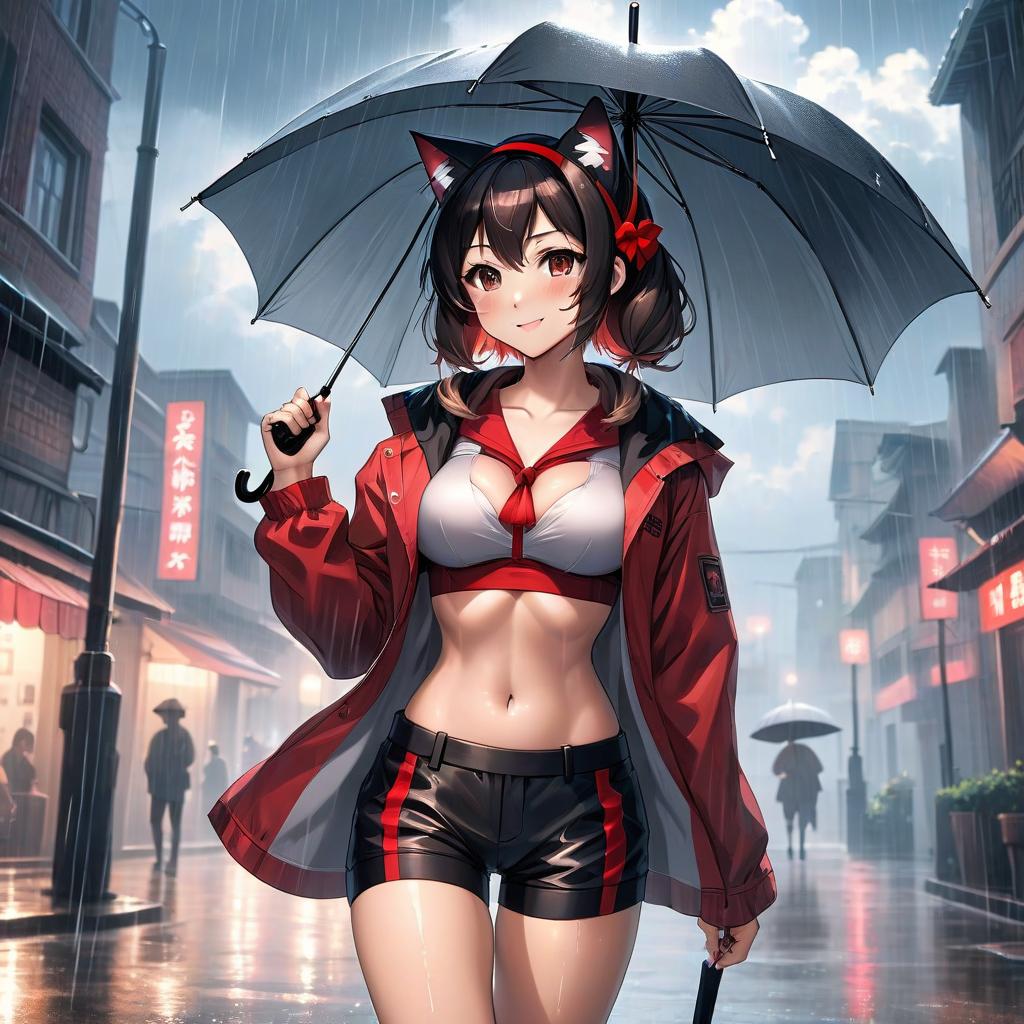  anime artwork A nine yea , beautiful face, tight open top and black red headband, perfect body shape, large cheeks and s, black red shorts, cat ears, smiles, good posture, toned legs and arms, wide shoulders, holds an umbrella, rain, clouds. . anime style, key visual, vint, studio anime, highly detailed hyperrealistic, full body, detailed clothing, highly detailed, cinematic lighting, stunningly beautiful, intricate, sharp focus, f/1. 8, 85mm, (centered image composition), (professionally color graded), ((bright soft diffused light)), volumetric fog, trending on instagram, trending on tumblr, HDR 4K, 8K