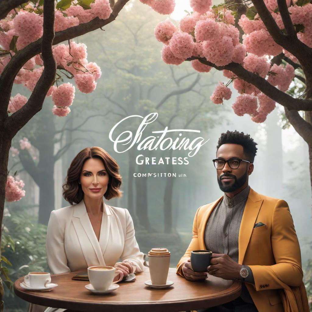  A podcast cover logo for 'Plotting Greatness' featuring two white women in a cartoon style closely resembling the provided design example. The women should look younger and stylish, as if they are in their late 30s, and be dressed in elegant yet casual clothing. Use warm, inviting colors such as gold, white, and soft pastels. The design should have the title 'Plotting Greatness' in an elegant cursive font, prominently placed with high visibility. Include subtle but strong imagery representing storytelling, wisdom, and connection, such as books, coffee cups, and delicate floral elements. Ensure the design is balanced, professional, and stands out on platforms like Spotify and Apple Podcasts. hyperrealistic, full body, detailed clothing, highly detailed, cinematic lighting, stunningly beautiful, intricate, sharp focus, f/1. 8, 85mm, (centered image composition), (professionally color graded), ((bright soft diffused light)), volumetric fog, trending on instagram, trending on tumblr, HDR 4K, 8K