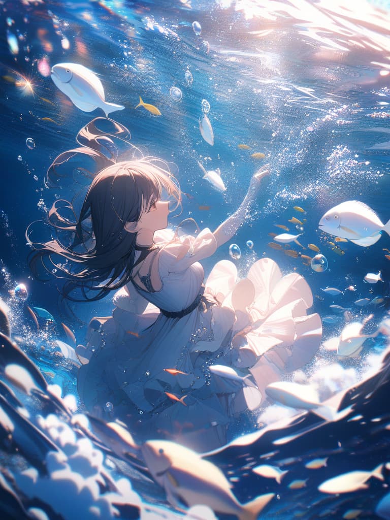  Underwater, underwater, girls, dresses, foam, underwater, fish, wave, soap bubbles, sunlight, glitter, mysterious, masterpiece, best quality,8k,ultra detailed,high resolution,an extremely delicate and beautiful,hyper detail