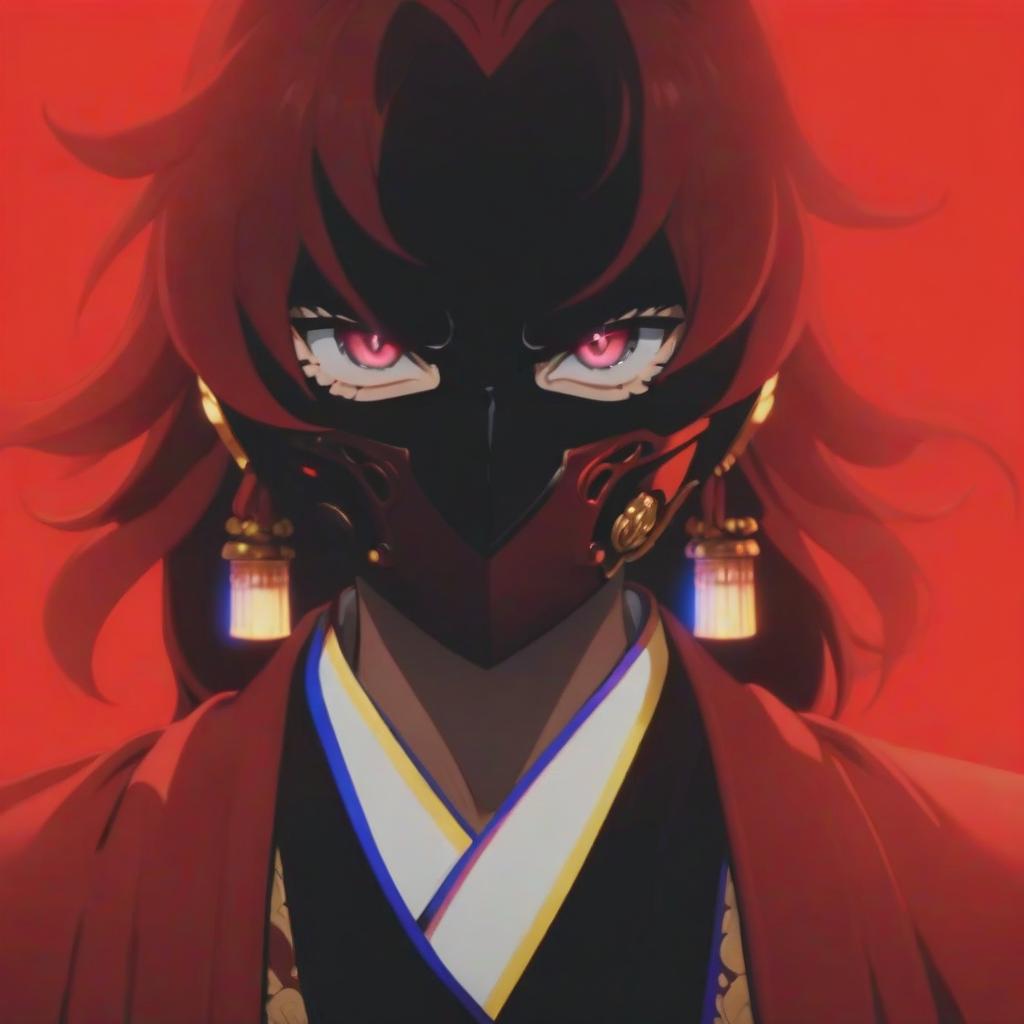  a close up of a person wearing a mask, a picture, inspired by Okumura Masanobu, tumblr, glowing crimson head, low quality footage, sfw, key anime visuals hyperrealistic, full body, detailed clothing, highly detailed, cinematic lighting, stunningly beautiful, intricate, sharp focus, f/1. 8, 85mm, (centered image composition), (professionally color graded), ((bright soft diffused light)), volumetric fog, trending on instagram, trending on tumblr, HDR 4K, 8K