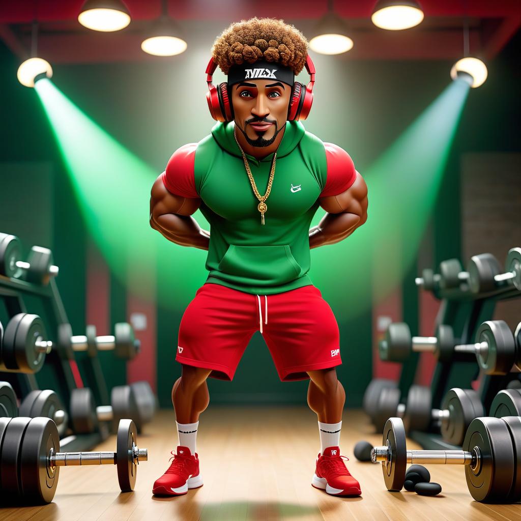  cinematic film still The gym is decorated in the style of a platform for rap battle. handsome sporty funny smiling man, curly, lifts dumbbells, in the gym, in a red basketball player's jersey with the number 10, wide green knee length shorts, beautiful photo, beautiful light, movement around, rap battle atmosphere, green smoke, a lot of large chains, with a cap on his head, headphones in the ears . shallow depth of field, vignette, highly detailed, high budget, bokeh, cinemascope, moody, epic, gorgeous, film grain, grainy hyperrealistic, full body, detailed clothing, highly detailed, cinematic lighting, stunningly beautiful, intricate, sharp focus, f/1. 8, 85mm, (centered image composition), (professionally color graded), ((bright soft diffused light)), volumetric fog, trending on instagram, trending on tumblr, HDR 4K, 8K