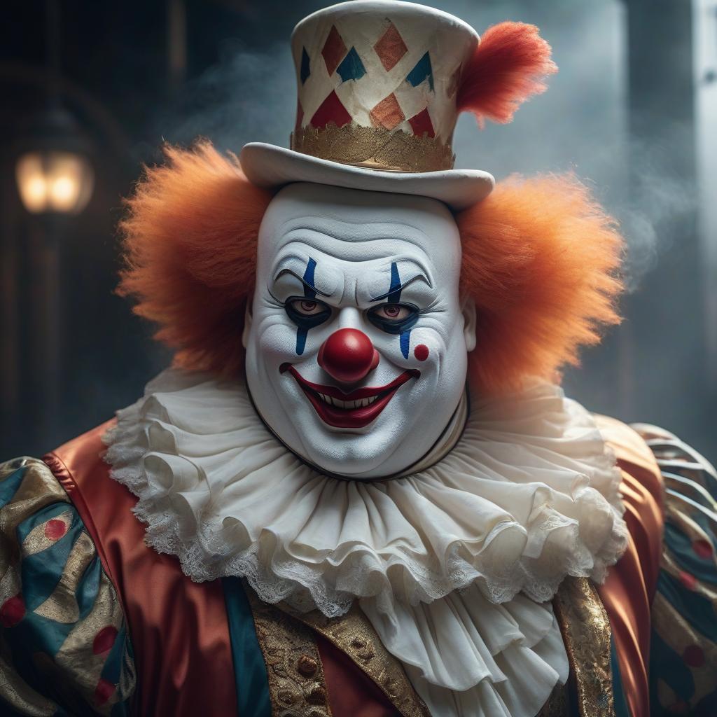  Create art of a fat good clown in a white porcelain mask. hyperrealistic, full body, detailed clothing, highly detailed, cinematic lighting, stunningly beautiful, intricate, sharp focus, f/1. 8, 85mm, (centered image composition), (professionally color graded), ((bright soft diffused light)), volumetric fog, trending on instagram, trending on tumblr, HDR 4K, 8K