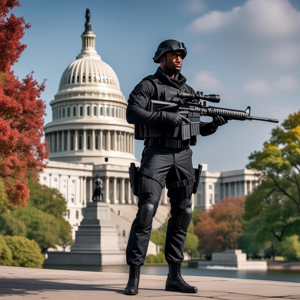  A black sniper dressed in all black gear with a modern sniper rifle equipped with a red dot sight. The scene is set in Washington D.C., with recognizable landmarks like the Capitol Building or the Washington Monument visible in the background. The sniper is positioned tactically, blending with the urban environment. hyperrealistic, full body, detailed clothing, highly detailed, cinematic lighting, stunningly beautiful, intricate, sharp focus, f/1. 8, 85mm, (centered image composition), (professionally color graded), ((bright soft diffused light)), volumetric fog, trending on instagram, trending on tumblr, HDR 4K, 8K