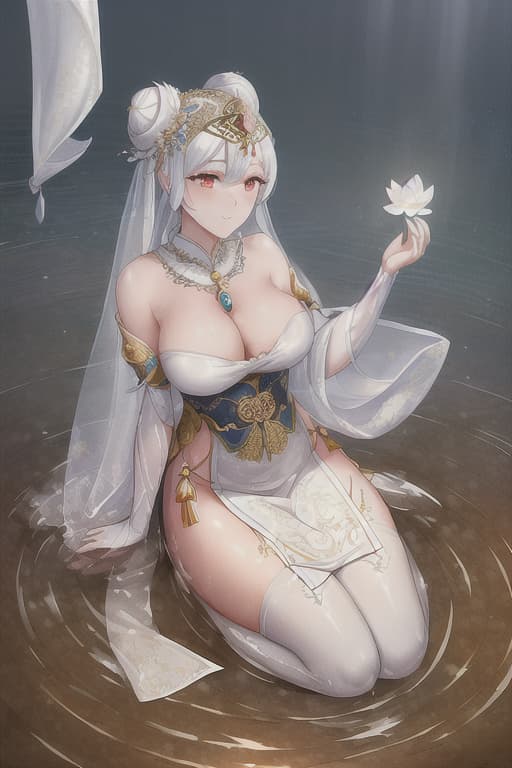  (masterpiece), (extremely intricate:1.52), (realistic), (Extremely High Difficulty: She wore a gorgeous white rice paper dress with streamers at the hem and was dressed in a pendant bun and was umber and umber the waters of Lotus Lake. The water is clear and bright. Koi fish feet, soaking , kneeling in the clear water. In the painting, she is a beautiful goddess of wind in Tang Dynasty. Her head was covered with a rice paper scarf inlaid with white pearls. The light shone on her wind veil, her snow white . Film lighting, octave rendering, Unreal Engine, DTX roll, (film grain), 8K realism, film lighting, high definition, high detail, Art Station Trends, high quality shooting, film stilts, beautiful yo hyperrealistic, full body, detailed clothing, highly detailed, cinematic lighting, stunningly beautiful, intricate, sharp focus, f/1. 8, 85mm, (centered image composition), (professionally color graded), ((bright soft diffused light)), volumetric fog, trending on instagram, trending on tumblr, HDR 4K, 8K