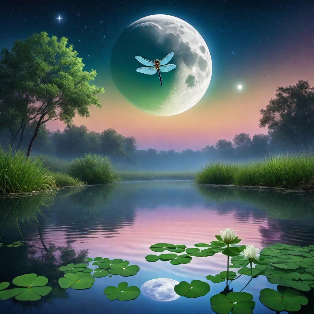  A lower, worm's-eye view showing a single dragonfly flying upwards towards the sky from a four-leaf clover at the edge of a pond. The dragonfly has vibrant reflective green, purple, and blue colors. The pond clearly reflects both the colorful dragonfly and the full moon. The background features a blue night sky with a full moon in view and stars lightly scattered around. The image captures the details of the vibrant dragonfly, the four-leaf clover, and the serene beauty of the night sky, particularly focusing on the reflections of the colorful dragonfly and the moon in the pond. hyperrealistic, full body, detailed clothing, highly detailed, cinematic lighting, stunningly beautiful, intricate, sharp focus, f/1. 8, 85mm, (centered image composition), (professionally color graded), ((bright soft diffused light)), volumetric fog, trending on instagram, trending on tumblr, HDR 4K, 8K