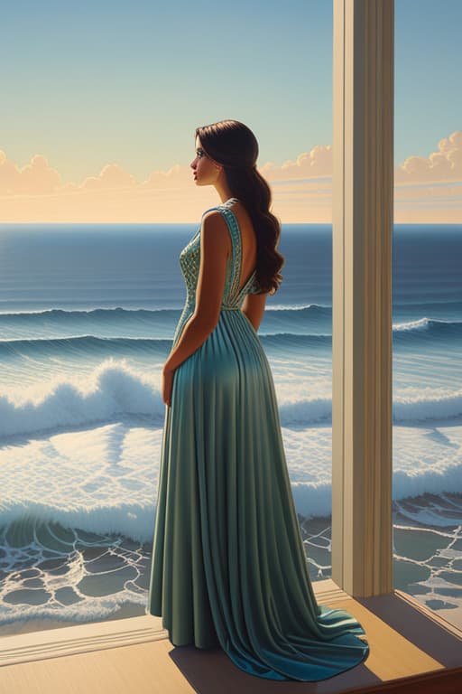  a painting of a girl looking out a window, a photorealistic painting David Ligare, pop surrealism, david ligare masterpiece, girl looking at the ocean waves, alex gross, hyperrealistic surrealism, neoclassicism, 1850 s style painting, portrait, fantasy, elegant, digital painting, ornate, sharp focus, hyper realistic, super detailed, ultra detailed, cinematic, studio quality, epic, hd, 8k, hyperrealistic, full body, detailed clothing, highly detailed, cinematic lighting, stunningly beautiful, intricate, sharp focus, f/1. 8, 85mm, (centered image composition), (professionally color graded), ((bright soft diffused light)), volumetric fog, trending on instagram, trending on tumblr, HDR 4K, 8K