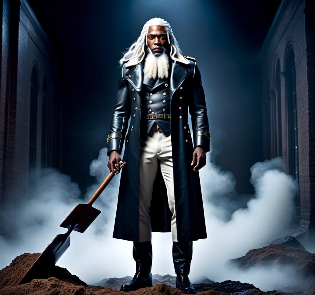  lovecraftian horror A black man, soldier, in a coat, beard, long white hair, standing at full height, muscular body, height 2 meters, with a shovel in his right hand. . eldritch, cosmic horror, unknown, mysterious, surreal, highly detailed hyperrealistic, full body, detailed clothing, highly detailed, cinematic lighting, stunningly beautiful, intricate, sharp focus, f/1. 8, 85mm, (centered image composition), (professionally color graded), ((bright soft diffused light)), volumetric fog, trending on instagram, trending on tumblr, HDR 4K, 8K