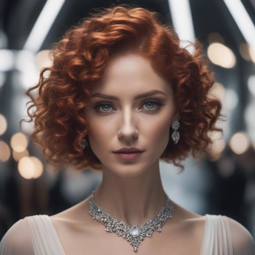  cinematic photo dark woman, curly wavy red hair, light gray eyes, dilated pupil, small earrings, necklace, dress . 35mm photograph, film, bokeh, professional, 4k, highly detailed hyperrealistic, full body, detailed clothing, highly detailed, cinematic lighting, stunningly beautiful, intricate, sharp focus, f/1. 8, 85mm, (centered image composition), (professionally color graded), ((bright soft diffused light)), volumetric fog, trending on instagram, trending on tumblr, HDR 4K, 8K