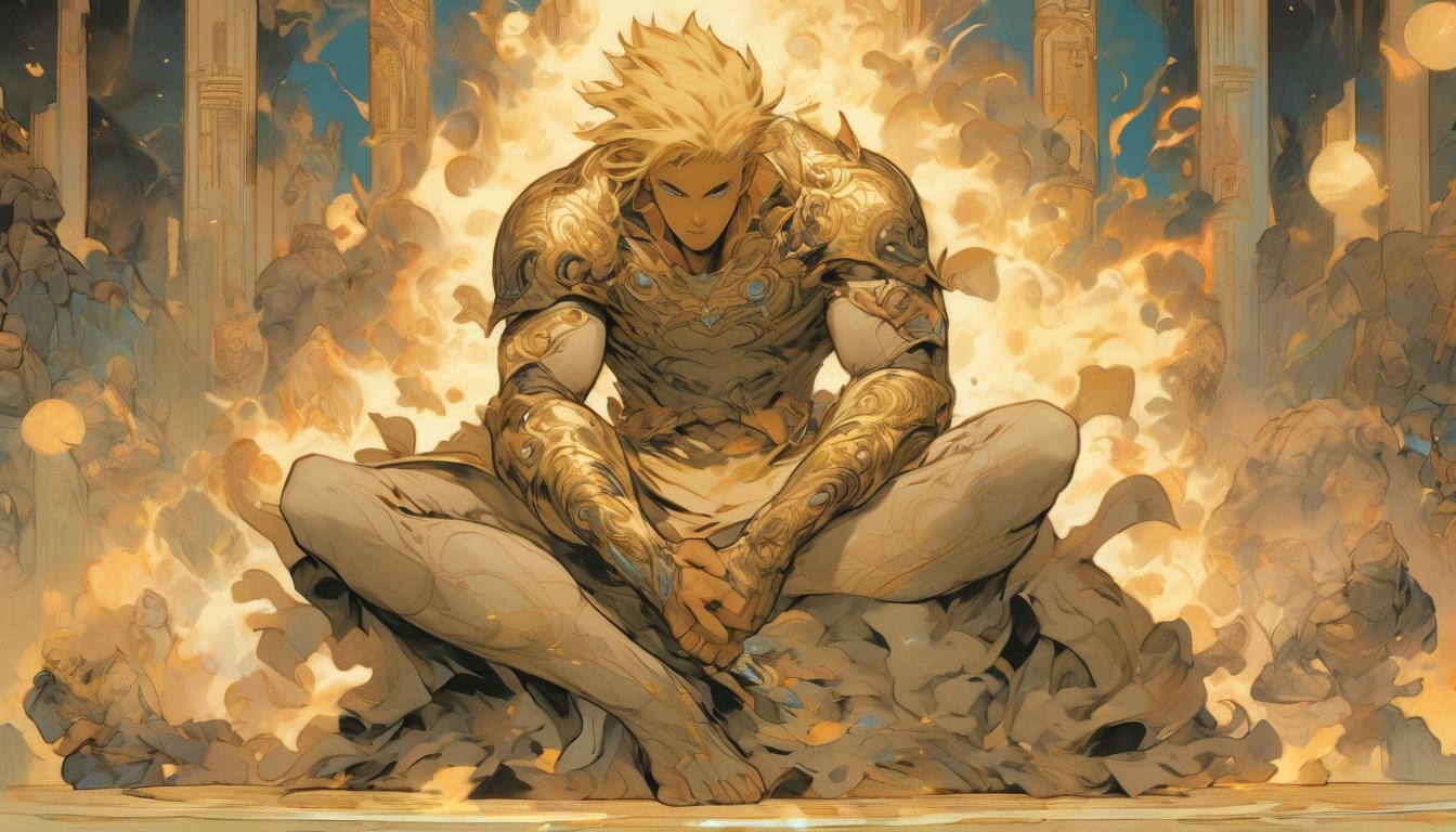  hyperrealism,fantasy aesthetic1man, handsome blonde arian male humanoid, seated in meditation, surrounded by ancient scrolls and cosmic diagrams, serene and focused, high tech clothing clad in sleek, futuristic costume with metallic accents and form fitting designs, marvel superhero comics style, unreal engine rendering