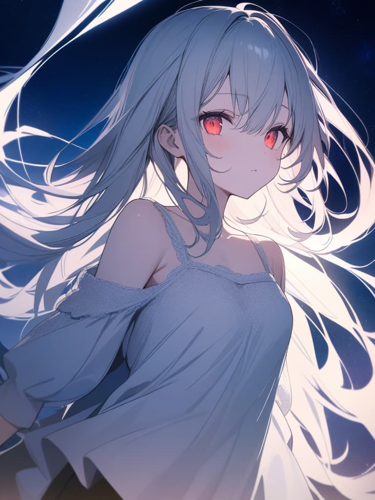  Cute, girl, young face, white skin, thin body, fluffy hair, white hair color, bright red eyes, large eyes, night sky, starry sky, camisole dress, space, beautiful scenery, fluffy long hair, masterpiece, best quality,8k,ultra detailed,high resolution,an extremely delicate and beautiful,hyper detail