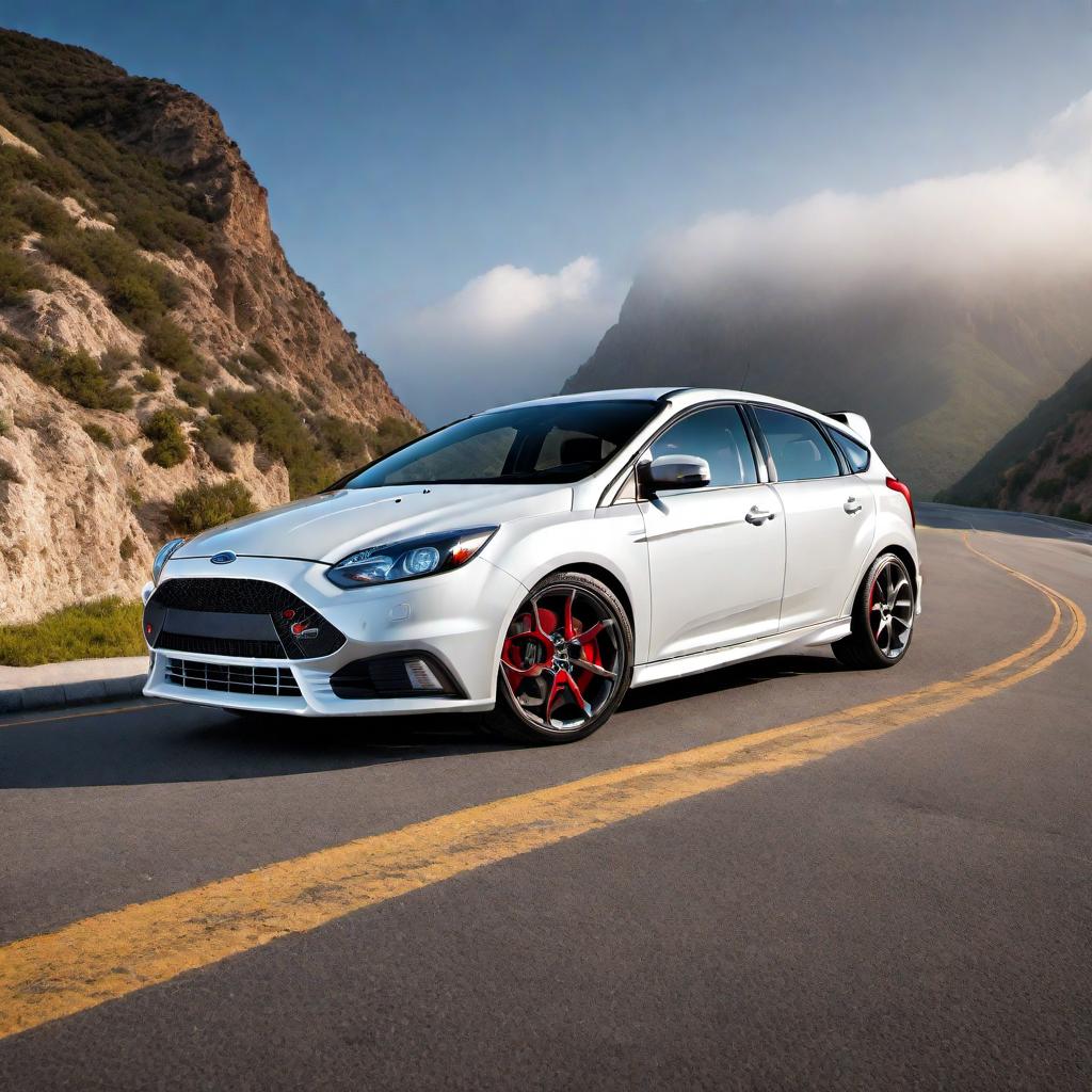  2013 Ford Focus ST in white. Emphasize the sporty design, detailed headlights, front grille, and stylish wheels. Place the car in a scenic background with good lighting to showcase its features. hyperrealistic, full body, detailed clothing, highly detailed, cinematic lighting, stunningly beautiful, intricate, sharp focus, f/1. 8, 85mm, (centered image composition), (professionally color graded), ((bright soft diffused light)), volumetric fog, trending on instagram, trending on tumblr, HDR 4K, 8K