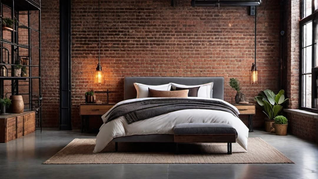  Create an image of an industrial chic bedroom design that embraces rawness with uncovered brick walls as the central feature. The room should showcase a blend of urban sophistication and industrial charm, incorporating minimalist decor and modern industrial furnishings like a metal bed frame and a reclaimed wood headboard. The overall ambiance should exude a stylish and edgy vibe with a neutral color palette of greys and browns to enhance the industrial chic aesthetic. hyperrealistic, full body, detailed clothing, highly detailed, cinematic lighting, stunningly beautiful, intricate, sharp focus, f/1. 8, 85mm, (centered image composition), (professionally color graded), ((bright soft diffused light)), volumetric fog, trending on instagram, trending on tumblr, HDR 4K, 8K