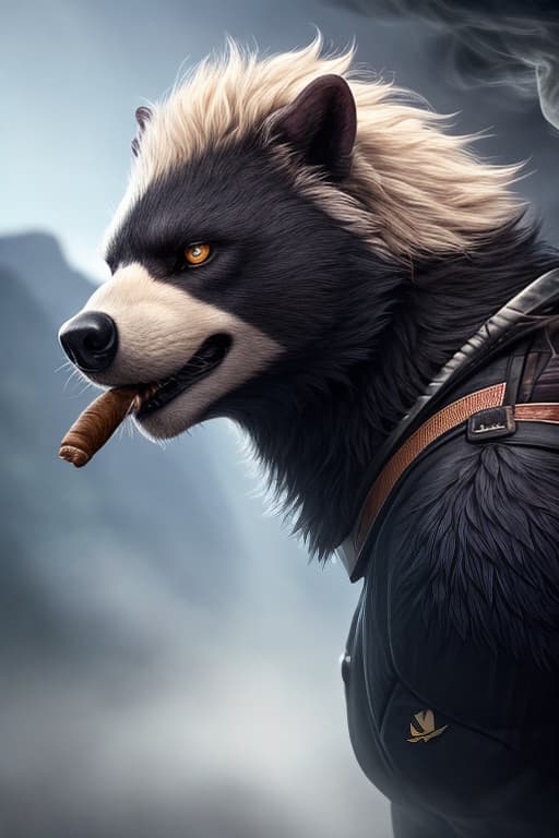  A fierce honey badger logo, desigfeatures the animal's head in a striking pose. The honey badger's eyes are narrowed with a look of unyielding determination, and a thick cigar juts from the corner of its mouth, emitting a curl of smoke. hyperrealistic, full body, detailed clothing, highly detailed, cinematic lighting, stunningly beautiful, intricate, sharp focus, f/1. 8, 85mm, (centered image composition), (professionally color graded), ((bright soft diffused light)), volumetric fog, trending on instagram, trending on tumblr, HDR 4K, 8K