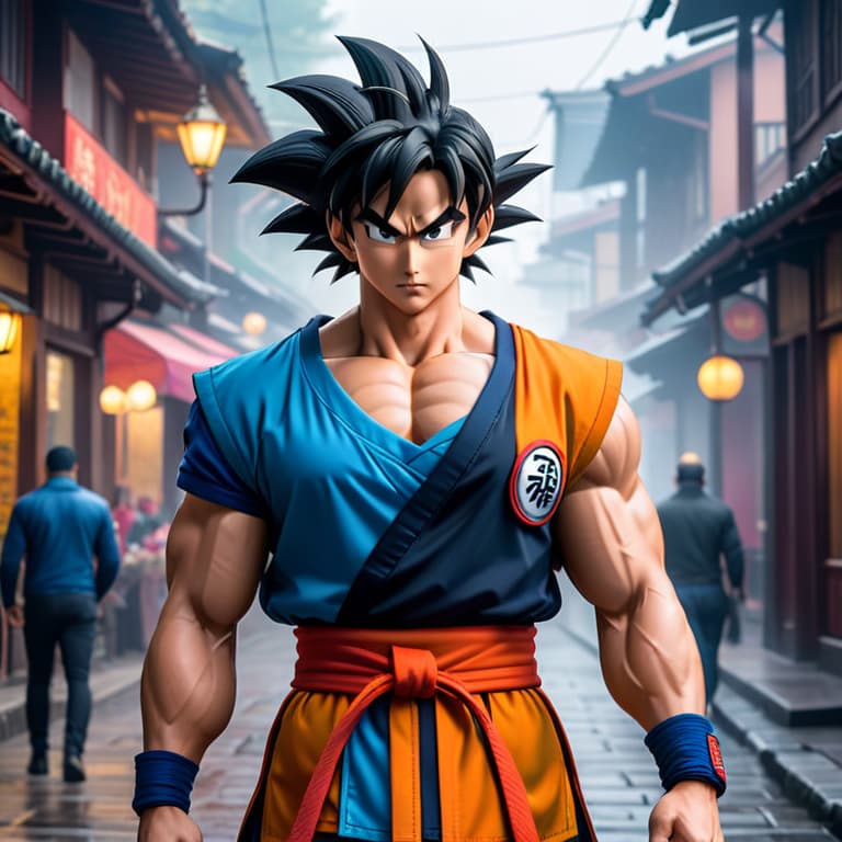  Gokulatino stands confidently, merging the iconic look of Goku with vibrant Latino inspired elements. He wears a modified gi with bright, colorful patterns, incorporating traditional Latino designs. The background is dynamic, filled with energetic and abstract elements that create a lively atmosphere. His presence exudes strength and charisma as he prepares for an epic battle or adventure. hyperrealistic, full body, detailed clothing, highly detailed, cinematic lighting, stunningly beautiful, intricate, sharp focus, f/1. 8, 85mm, (centered image composition), (professionally color graded), ((bright soft diffused light)), volumetric fog, trending on instagram, trending on tumblr, HDR 4K, 8K