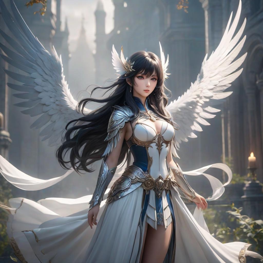  The goddess of wind and freedom. Dark long hair with bangs, white wings, gray eyes, slim body hyperrealistic, full body, detailed clothing, highly detailed, cinematic lighting, stunningly beautiful, intricate, sharp focus, f/1. 8, 85mm, (centered image composition), (professionally color graded), ((bright soft diffused light)), volumetric fog, trending on instagram, trending on tumblr, HDR 4K, 8K