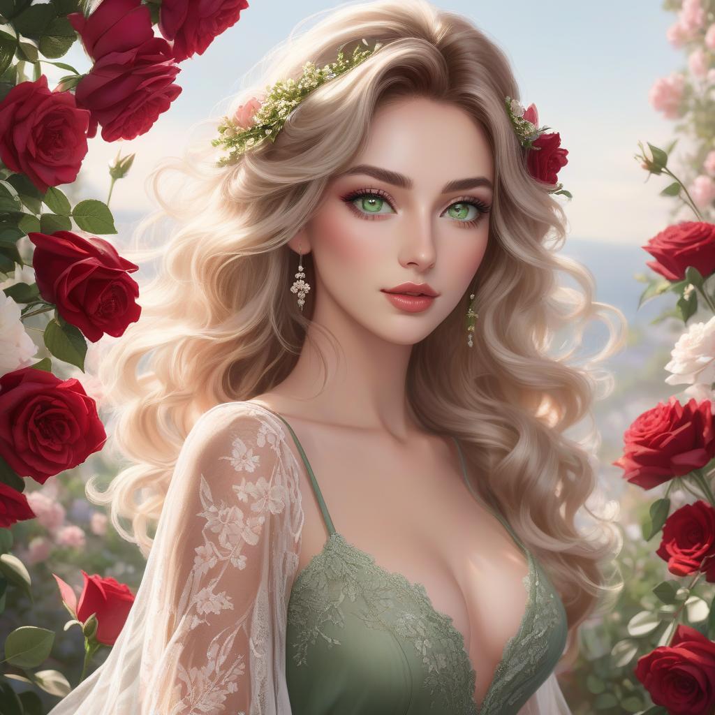  concept art A digital portrait of a woman with green eyes, wavy hair, and flowers adorning her hair and holding a bouquet of roses. Full body portrait of a young woman with a serene and gentle expression. She has soft facial features, large, almond shaped green eyes with dark lashes, and full, natural red lips. Her skin is fair with a warm undertone, and her face is framed by voluminous, wavy, ash blonde hair with lighter highlights, loosely styled, with a few delicate flowers on the right side above her ear. The subject is wearing a light, earth toned summer dress with delicate straps and a plunging neckline. The dress appears to be made of a flowing, sheer material with a subtle floral pattern, and features delicate lace detailing around  hyperrealistic, full body, detailed clothing, highly detailed, cinematic lighting, stunningly beautiful, intricate, sharp focus, f/1. 8, 85mm, (centered image composition), (professionally color graded), ((bright soft diffused light)), volumetric fog, trending on instagram, trending on tumblr, HDR 4K, 8K