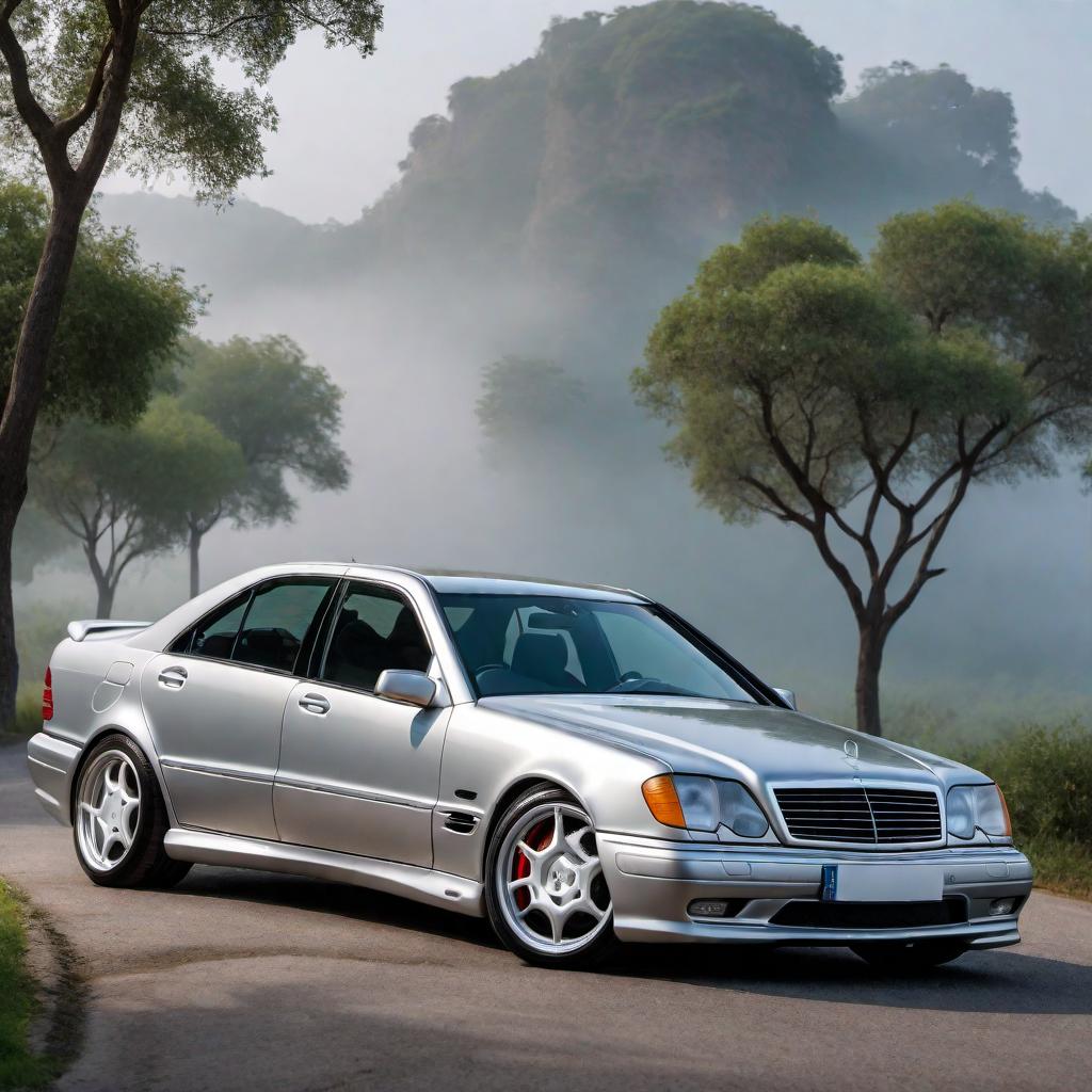  1997 Mercedes AMG C36 in silver color, parked on a road. The car should feature its distinctive AMG sporty design elements, including a slightly aggressive front grille, alloy wheels, and classic 90's sedan body lines. The background should be simple to keep the focus on the car. hyperrealistic, full body, detailed clothing, highly detailed, cinematic lighting, stunningly beautiful, intricate, sharp focus, f/1. 8, 85mm, (centered image composition), (professionally color graded), ((bright soft diffused light)), volumetric fog, trending on instagram, trending on tumblr, HDR 4K, 8K