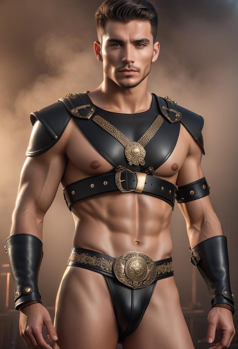  young man, brunette, adorned with belts hyperrealistic, full body, detailed clothing, highly detailed, cinematic lighting, stunningly beautiful, intricate, sharp focus, f/1. 8, 85mm, (centered image composition), (professionally color graded), ((bright soft diffused light)), volumetric fog, trending on instagram, trending on tumblr, HDR 4K, 8K