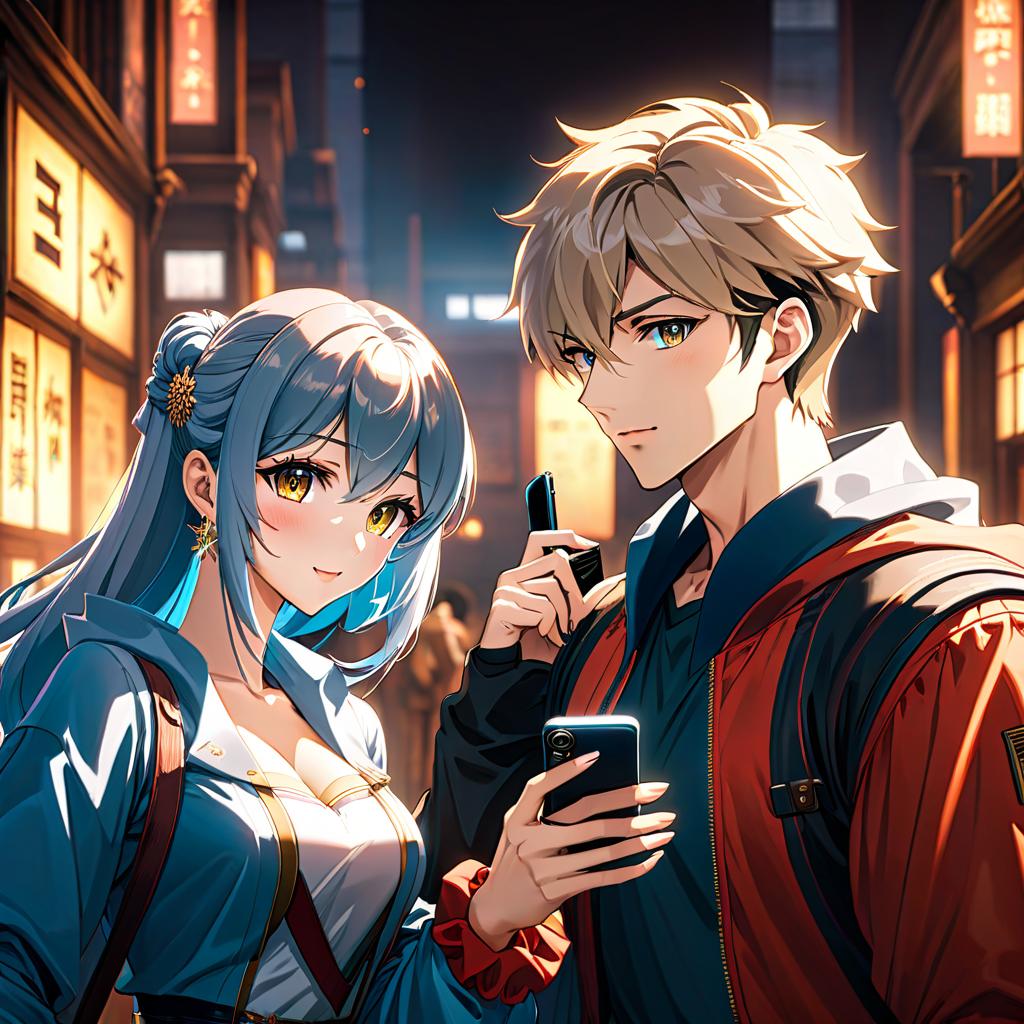  anime artwork Selfie on phone. Girl and guy. It's on the phone's screen. . anime style, key visual, vibrant, studio anime, highly detailed hyperrealistic, full body, detailed clothing, highly detailed, cinematic lighting, stunningly beautiful, intricate, sharp focus, f/1. 8, 85mm, (centered image composition), (professionally color graded), ((bright soft diffused light)), volumetric fog, trending on instagram, trending on tumblr, HDR 4K, 8K