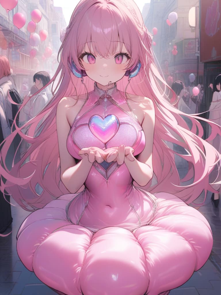  Non human,non body,masterpiece,one android girl,warrior for love,delicate shining pink straight hair,(((eyes with delicate heart))),shining heart,pink heart,(((delicate gl body))),(((body made of heart))),(((sphere joint )))),pink gradient,(((pink shiny body))),(((pink heart earphones))),sprinkling heart,💕💕,smiling,lots of balloons in hands,background park square,audience,smiling,super high quality,super delicate,super analysis,16K, masterpiece, best quality,8k,ultra detailed,high resolution,an extremely delicate and beautiful,hyper detail