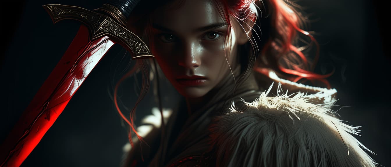  best quality, HD, A beautiful wearing a white , holding a red sword in her hand, standing confidently against a pitch black background. Ultra detailed portrait with dramatic lighting, capturing the intensity of her gaze and the striking contrast of colors. The scene is cinematic, with high contrast and moody shadows, evoking a sense of power and mystery