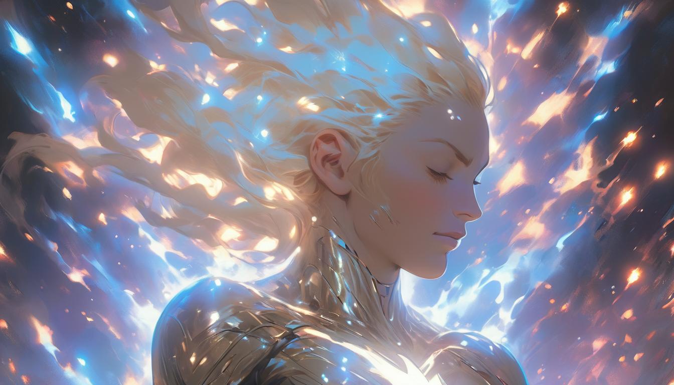  hyperrealism,fantasy aesthetic1woman, large busted attractive blonde arian female humanoid, eyes closed in meditation, surrounded by shimmering stars, ethereal glow, peaceful expression, high tech clothing clad in sleek, futuristic costume with metallic accents and form fitting designs, marvel superhero comics style, unreal engine rendering