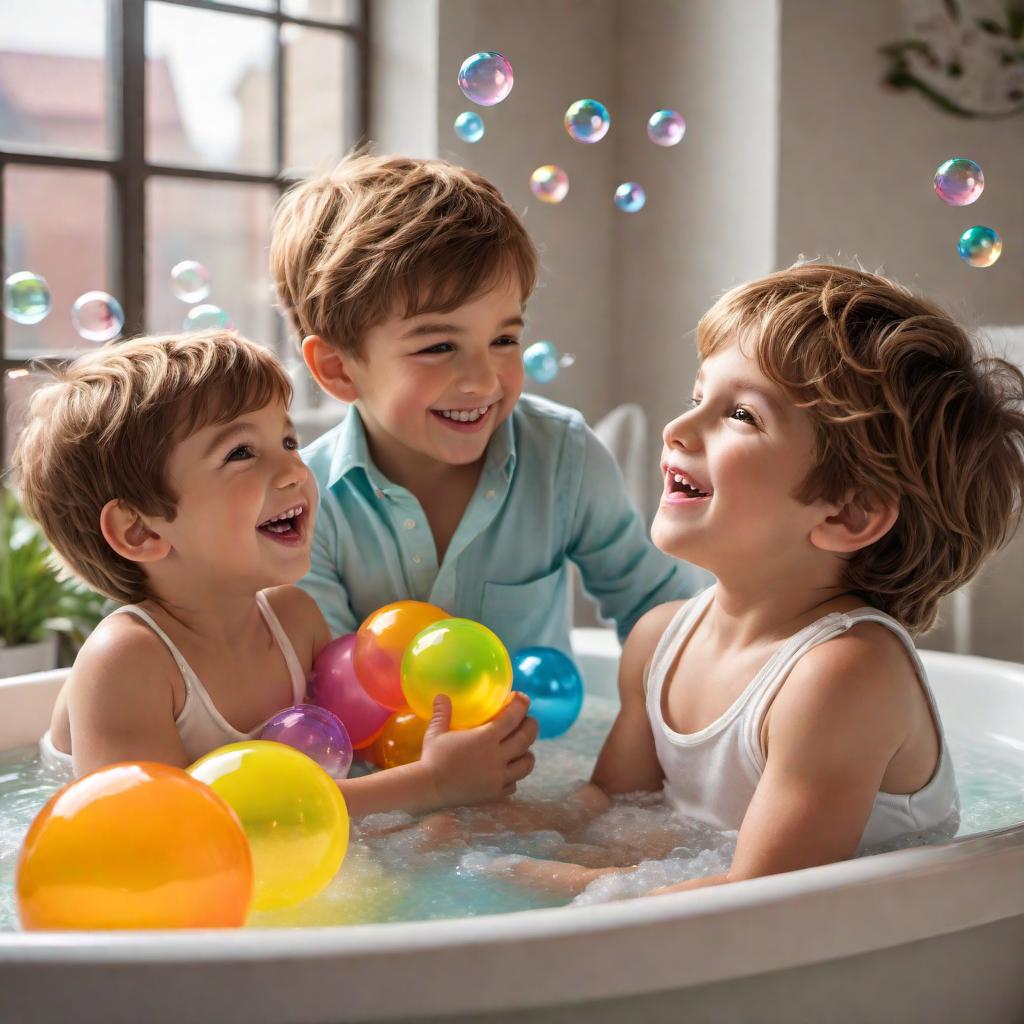  Two boys taking a , one 5 and his younger brother. The boys are sitting in a tub filled with bubbles and toys. They are giggling and interacting with each other joyfully. The room setting is cozy and bright, with colorful tiles and a light-hearted atmosphere. hyperrealistic, full body, detailed clothing, highly detailed, cinematic lighting, stunningly beautiful, intricate, sharp focus, f/1. 8, 85mm, (centered image composition), (professionally color graded), ((bright soft diffused light)), volumetric fog, trending on instagram, trending on tumblr, HDR 4K, 8K