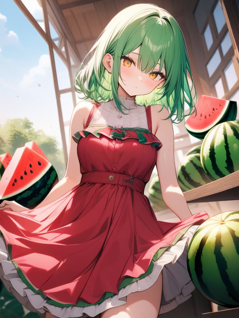  Cute, , thin body, yellow eyes, watermelon, watermelon, red and green dress, watermelon decoration, eyes, frills, green hair, medium hair, masterpiece, best quality,8k,ultra detailed,high resolution,an extremely delicate and beautiful,hyper detail