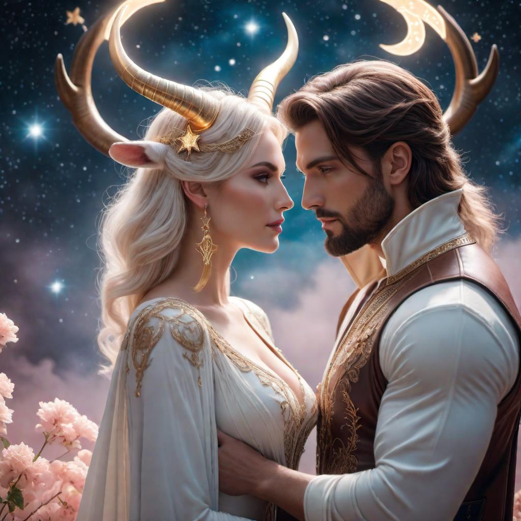  Gemini female and Taurus male as a romantic couple in a fantasy lofi style. The scene features a dreamy, mystical atmosphere with soft, glowing lights and ethereal colors. The Gemini female has a curious and playful expression, while the Taurus male appears strong and nurturing, with distinctive bull horns. They are surrounded by zodiac symbols, stars, and a serene background, reflecting their romantic connection. hyperrealistic, full body, detailed clothing, highly detailed, cinematic lighting, stunningly beautiful, intricate, sharp focus, f/1. 8, 85mm, (centered image composition), (professionally color graded), ((bright soft diffused light)), volumetric fog, trending on instagram, trending on tumblr, HDR 4K, 8K