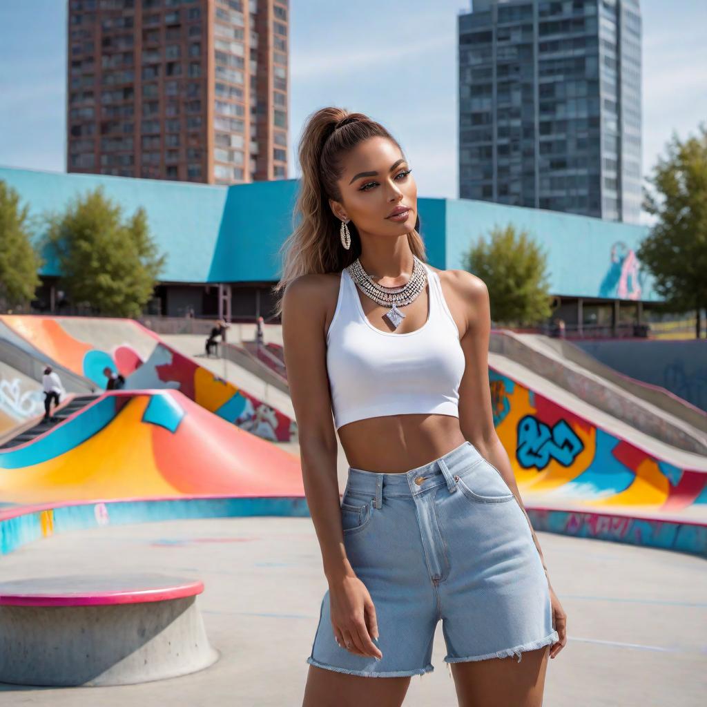  A beautiful female model at a skatepark, wearing a diamond-clustered milkshake pendant. She is stylishly dressed in casual yet trendy clothing, with the skatepark visible in the background complete with ramps and colorful graffiti. hyperrealistic, full body, detailed clothing, highly detailed, cinematic lighting, stunningly beautiful, intricate, sharp focus, f/1. 8, 85mm, (centered image composition), (professionally color graded), ((bright soft diffused light)), volumetric fog, trending on instagram, trending on tumblr, HDR 4K, 8K