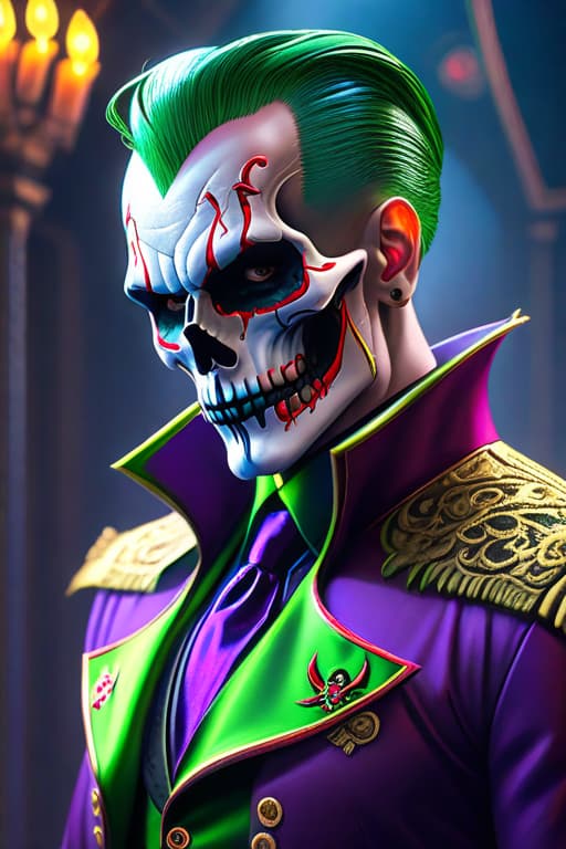  Hyper realistic art skull joker demon concept art portrait by Casey Weldon, Olga Kvasha, Miho Hirano, hyperdetailed intricately detailed gothic art trending on Artstation triadic colors Unreal Engine 5 detailed matte painting, deep color, fantastical, intricate detail, splash screen, complementary colors, fantasy concept art, 8k resolution, gothic DeviantArt masterpiece . Extremely high resolution details, photographic, realism pushed to extreme, fine texture, incredibly lifelike hyperrealistic, full body, detailed clothing, highly detailed, cinematic lighting, stunningly beautiful, intricate, sharp focus, f/1. 8, 85mm, (centered image composition), (professionally color graded), ((bright soft diffused light)), volumetric fog, trending on instagram, trending on tumblr, HDR 4K, 8K