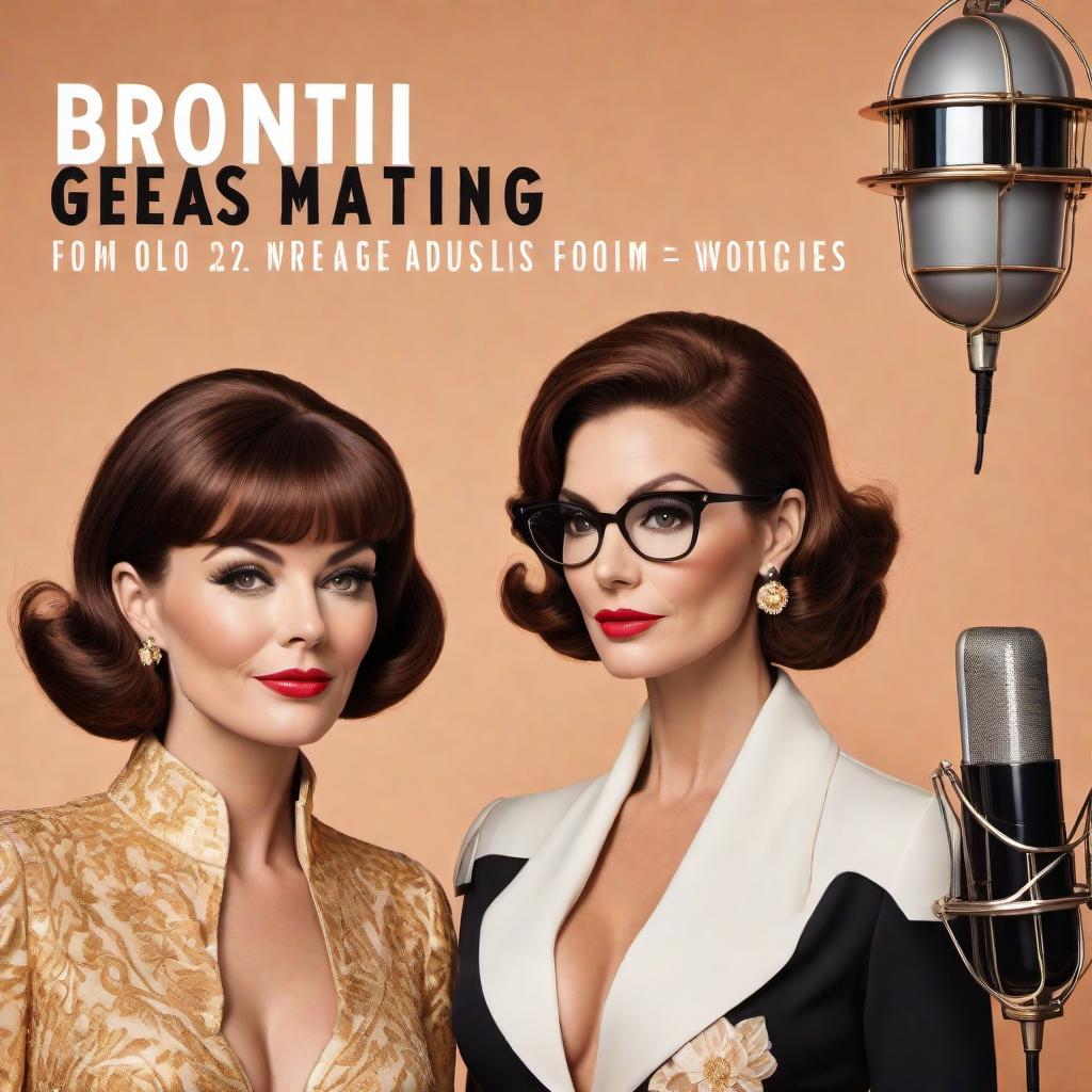  Create a podcast cover with an authentic vintage 60s cartoon style. Feature two distinct women in their late 30s, both with brown hair. They should be elegantly dressed, with one holding an espresso martini. The setting should be an elegant room set up for podcasting with microphones and headphones. Use warm and inviting colors such as gold, white, and soft pastels. Prominently display the title 'Plotting Greatness' in a cursive font. Ensure the design is eye-catching and appealing for people to select when scrolling on Spotify and Apple podcasts. Incorporate a strong Palm Beach 60s vintage look. hyperrealistic, full body, detailed clothing, highly detailed, cinematic lighting, stunningly beautiful, intricate, sharp focus, f/1. 8, 85mm, (centered image composition), (professionally color graded), ((bright soft diffused light)), volumetric fog, trending on instagram, trending on tumblr, HDR 4K, 8K