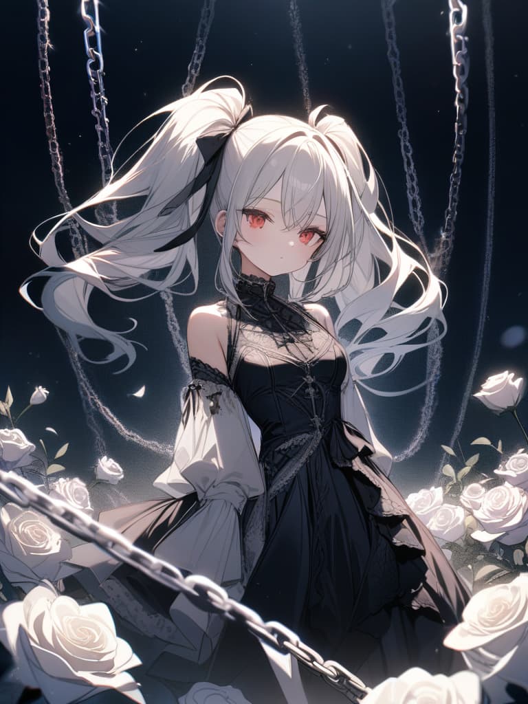  Girls, hair color beige, gothic fashion with a lot of red, white frills, many white roses, white roses, stars, fleeting, light, twin tails, chains, physical education sitting, masterpiece, best quality,8k,ultra detailed,high resolution,an extremely delicate and beautiful,hyper detail