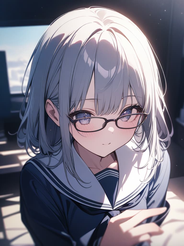  A plain girl wearing glasses in a sailor suit, masterpiece, best quality,8k,ultra detailed,high resolution,an extremely delicate and beautiful,hyper detail