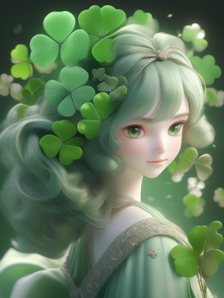  Three leaf clover, ponytail, green hair, masterpiece, best quality,8k,ultra detailed,high resolution,an extremely delicate and beautiful,hyper detail