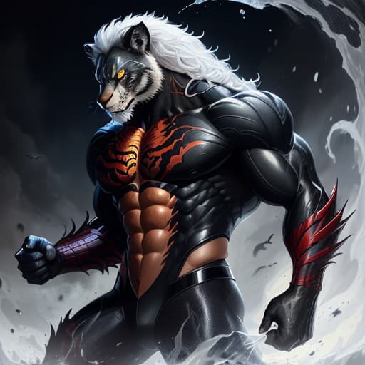  Create a digital artwork featuring a fusion of Marvel's Venom and a majestic lion. The creature should have the powerful, muscular build of Venom, with his iconic black symbiote texture covering the body. Integrate the lion's distinct features such as its majestic mane, fierce eyes, and sharp claws. The mane should appear partially integrated with the symbiote, giving it a flowing, liquid-like quality. The face should combine the intimidating aspects of both Venom and a lion, with sharp, menacing teeth and a prominent jawline. Ensure the eyes glow with a predatory intensity, blending the piercing gaze of a lion with the alien nature of Venom. The background should evoke a dark, mysterious atmosphere, possibly a moonlit jungle or an alien la